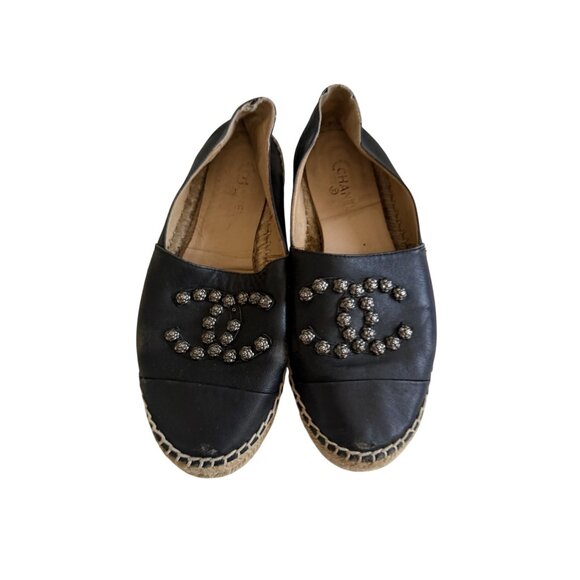 CHANEL Black Lambskin Interlocking Logo Espadrilles Flats Size 40 / US 10 - Picture 12 of 12
